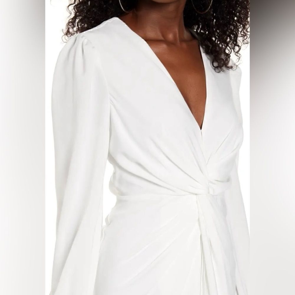 Endless Rose Structured White Shimmer Plunge Neck Knotted Detail Shirt Dress